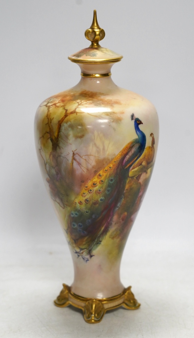 A Worcester vase and cover, painted with peacocks by J W Sedgley, model number 106, 25cm. Condition - good